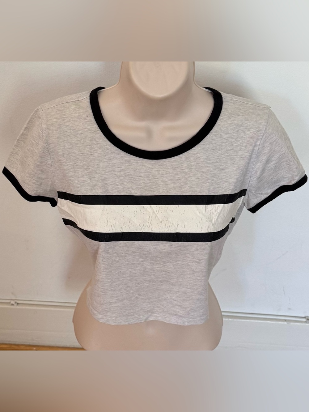 Garage Y2K Light Gray Crop Top with Black Trim and White Stripe, size S Petite